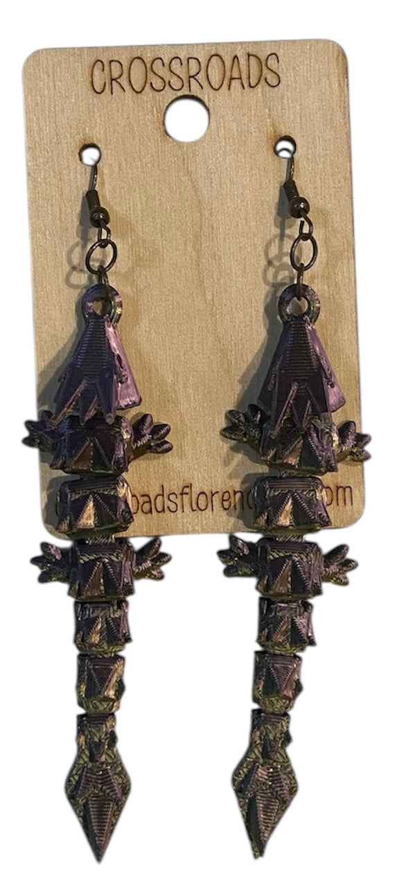 3D Printed Earrings - 3/4" x3-1/4" Dragon - Black/Gold/Purple