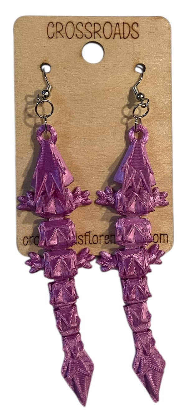 3D Printed Earrings - 3/4" x3-1/4" Dragon - Purple Silk