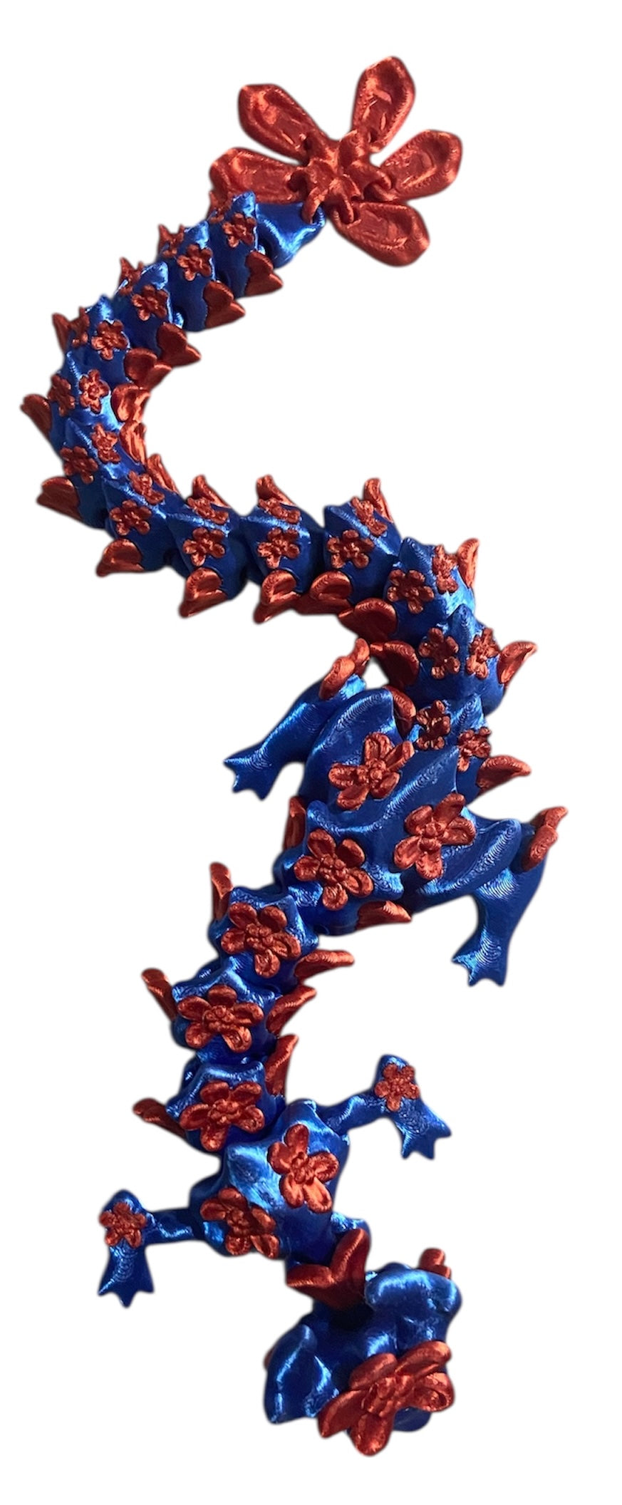 3D printed 16" Forget Me Not Dragon Blue / Red Silk
