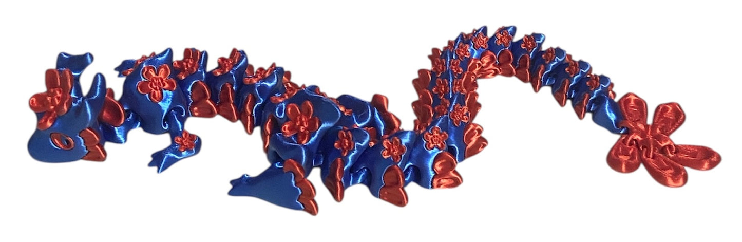 3D printed 16" Forget Me Not Dragon Blue / Red Silk