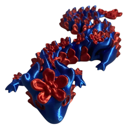 3D printed 16" Forget Me Not Dragon Blue / Red Silk