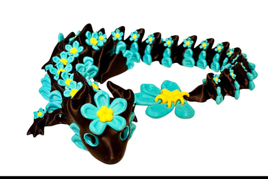 3D printed 16" Forget Me Not Dragon Black / Turquoise / Yellow