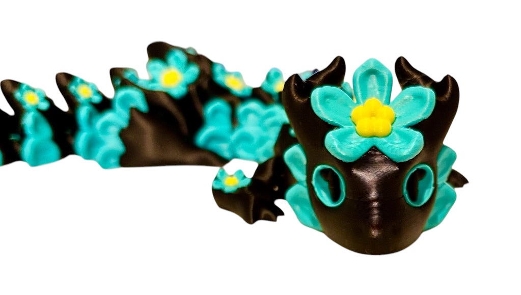 3D printed 16" Forget Me Not Dragon Black / Turquoise / Yellow