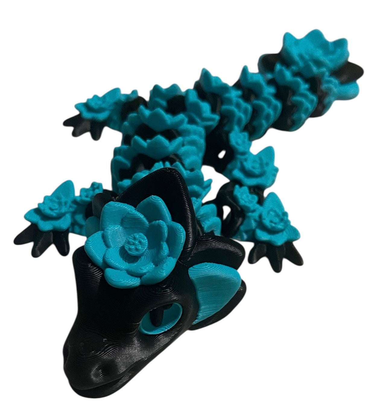 3D printed 8-1/2" Lotus Dragon - Black/Turquoise