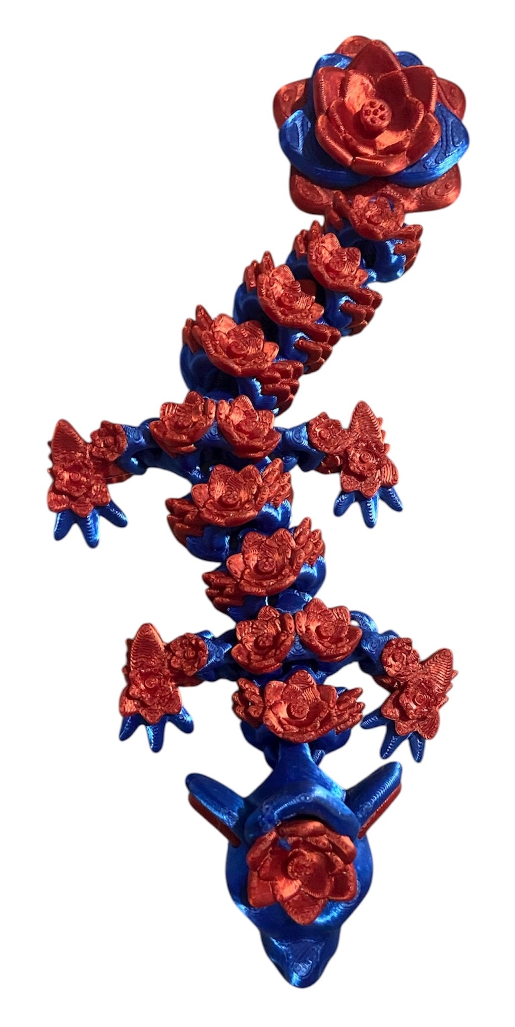 3D printed 8-1/2" Lotus Dragon - Blue / Red Silk