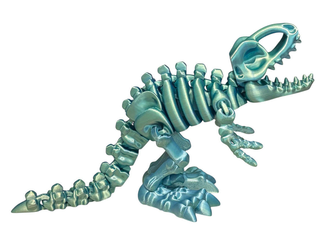 3D printed 10" Flexi T-Rex Skeleton - Blue / Green Silk