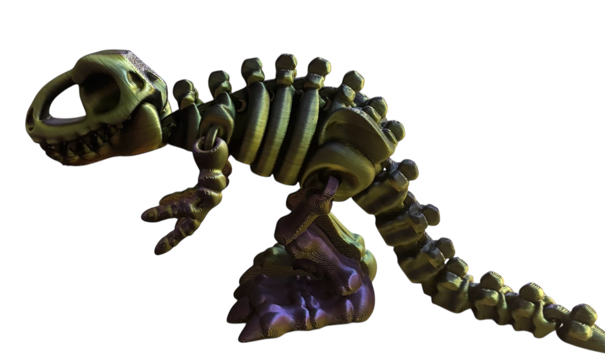 3D printed 10" Flexi T-Rex Skeleton - BLack / Purple / Gold