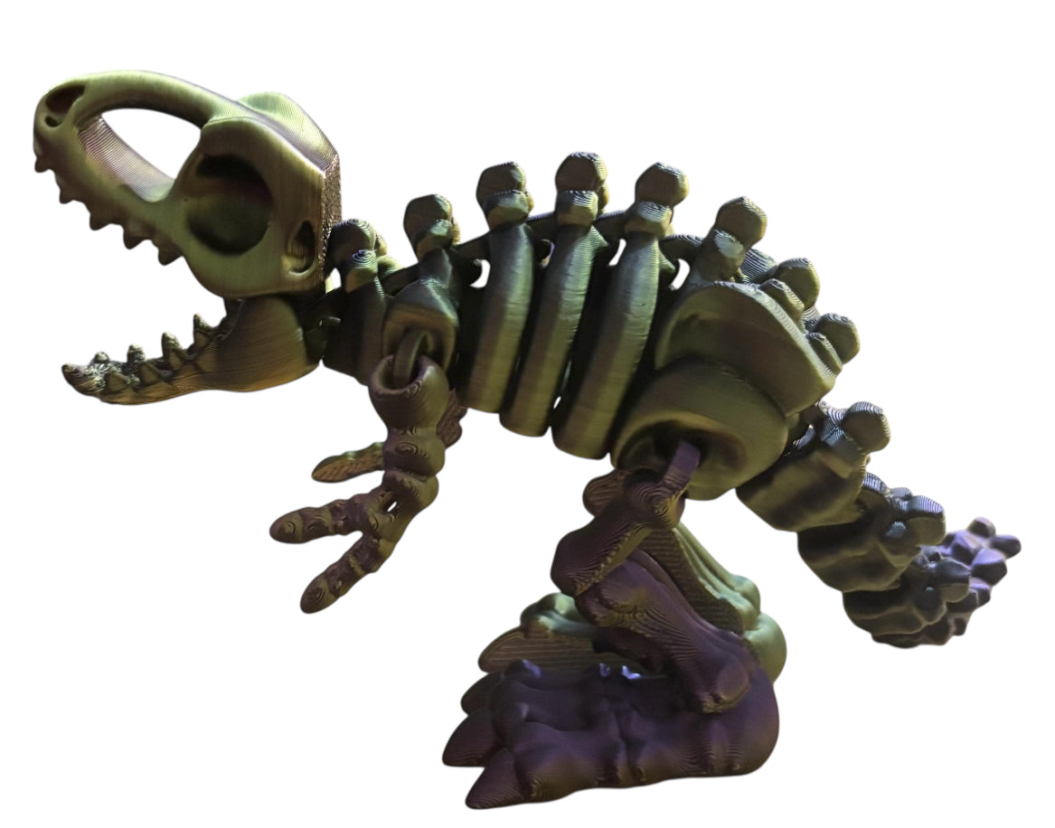 3D printed 10" Flexi T-Rex Skeleton - BLack / Purple / Gold