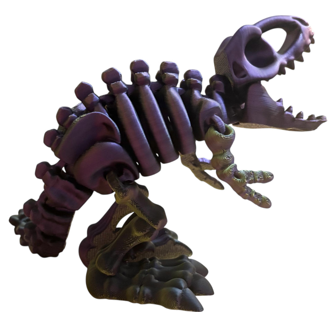 3D printed 10" Flexi T-Rex Skeleton - BLack / Purple / Gold