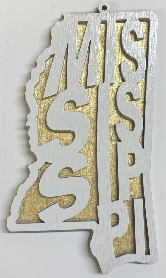 Mississippi Wood Ornament - White over Gold