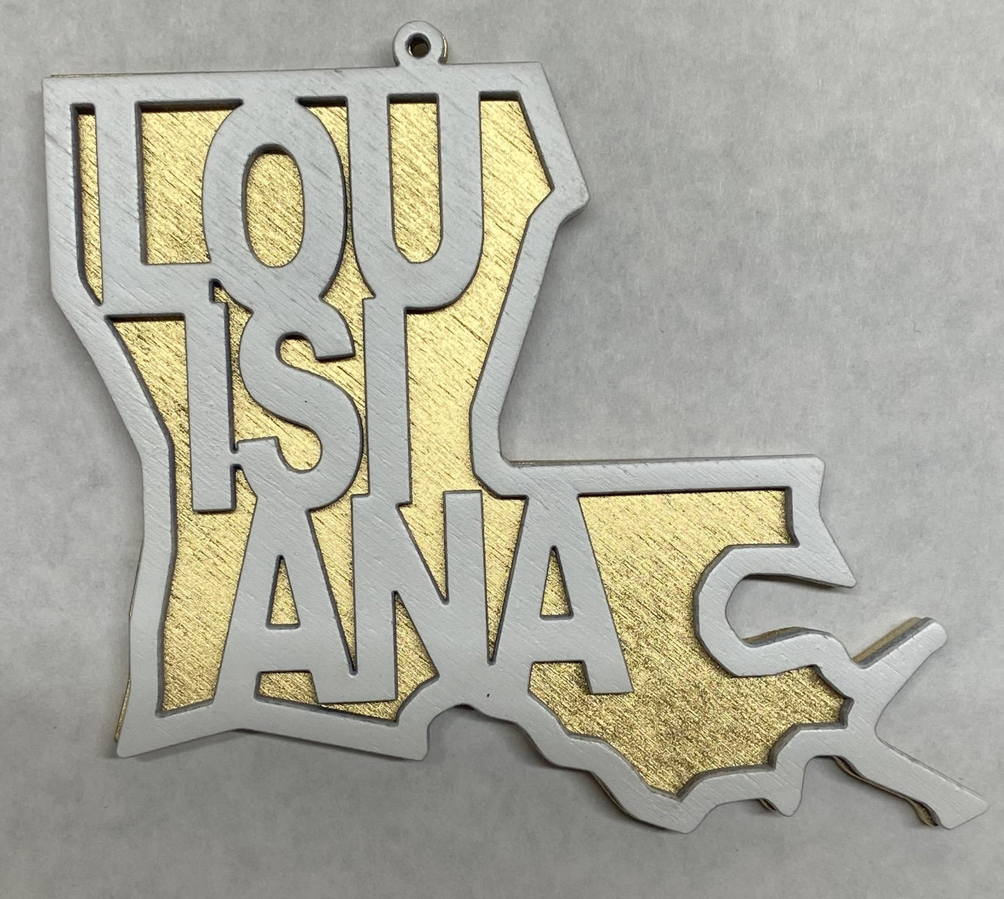 Louisiana Wood Ornament - White over Gold