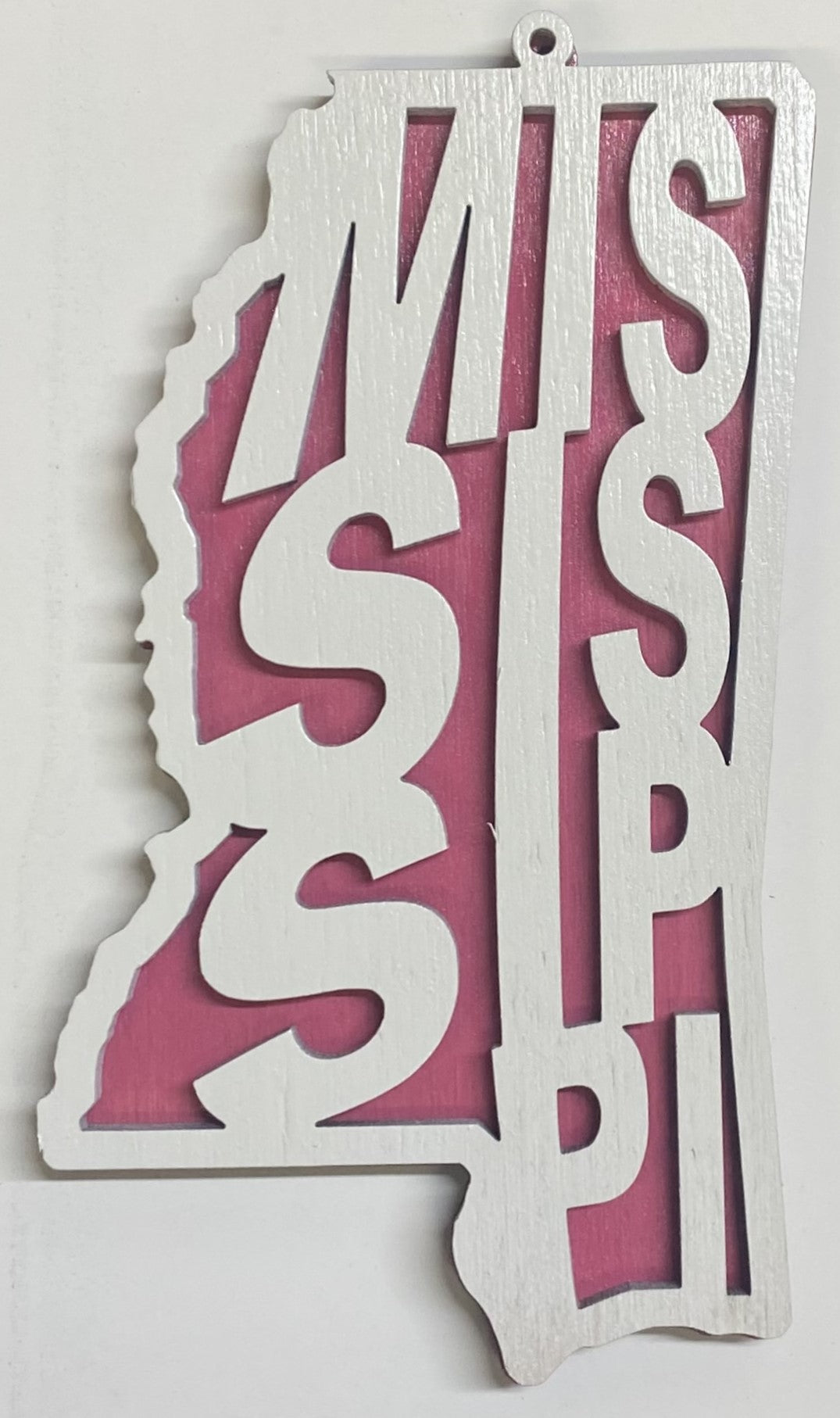 Mississippi Wood Ornament - White over Pink