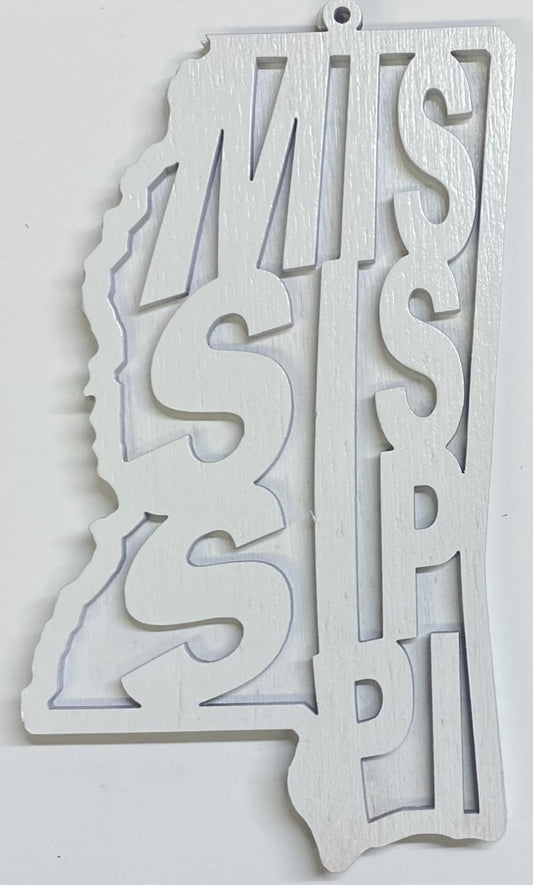 Mississippi Wood Ornament - 4" x 2.3" - White over White