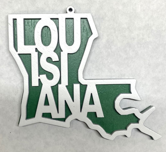 Louisiana Wood Ornament - White over Green