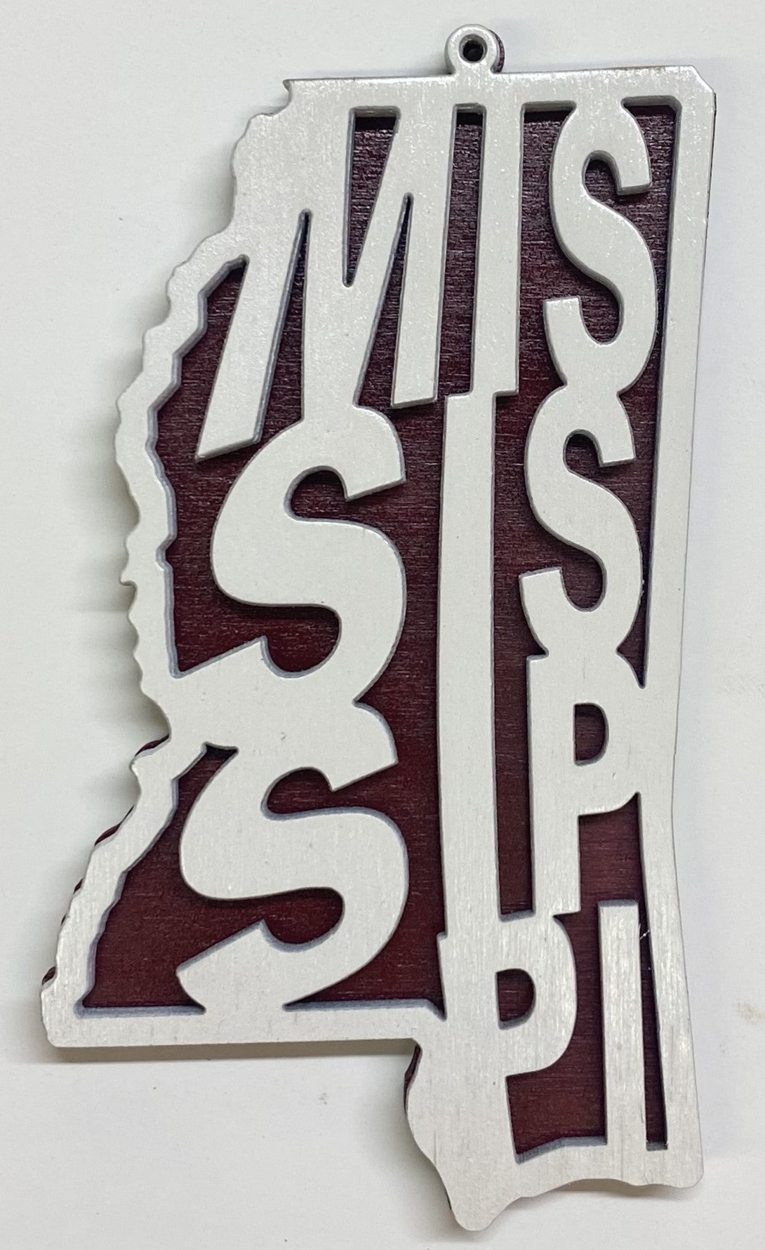 Mississippi Wood Ornament - White over Maroon