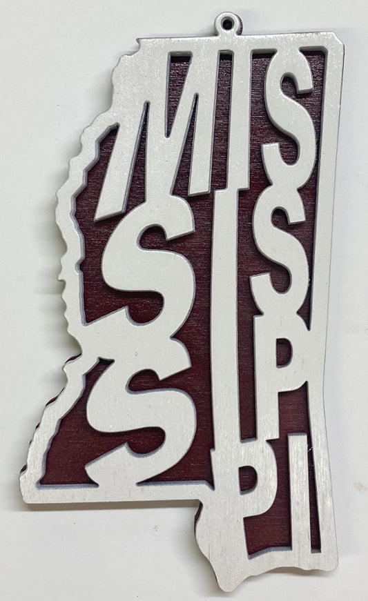 Mississippi Wood Ornament - 4" x 2.3" - White over Maroon