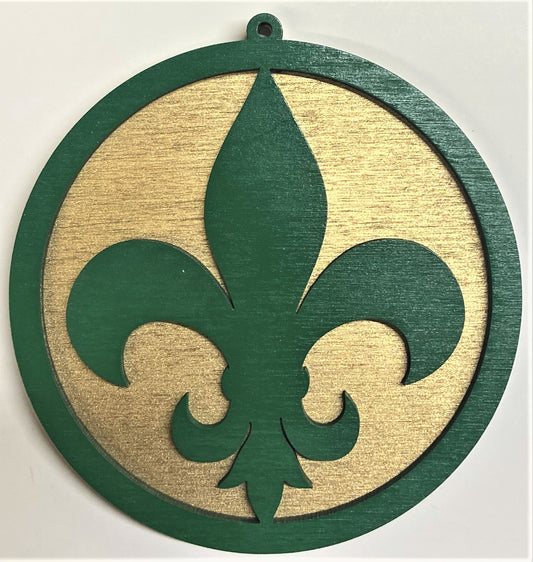 Fluer de Lis Wood Ornament - Green over Gold