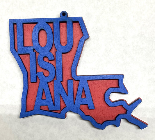 Louisiana Wood Ornament - Blue over Red