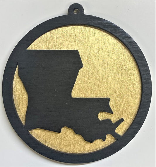 Louisiana Map Wood Ornament - Black over Gold