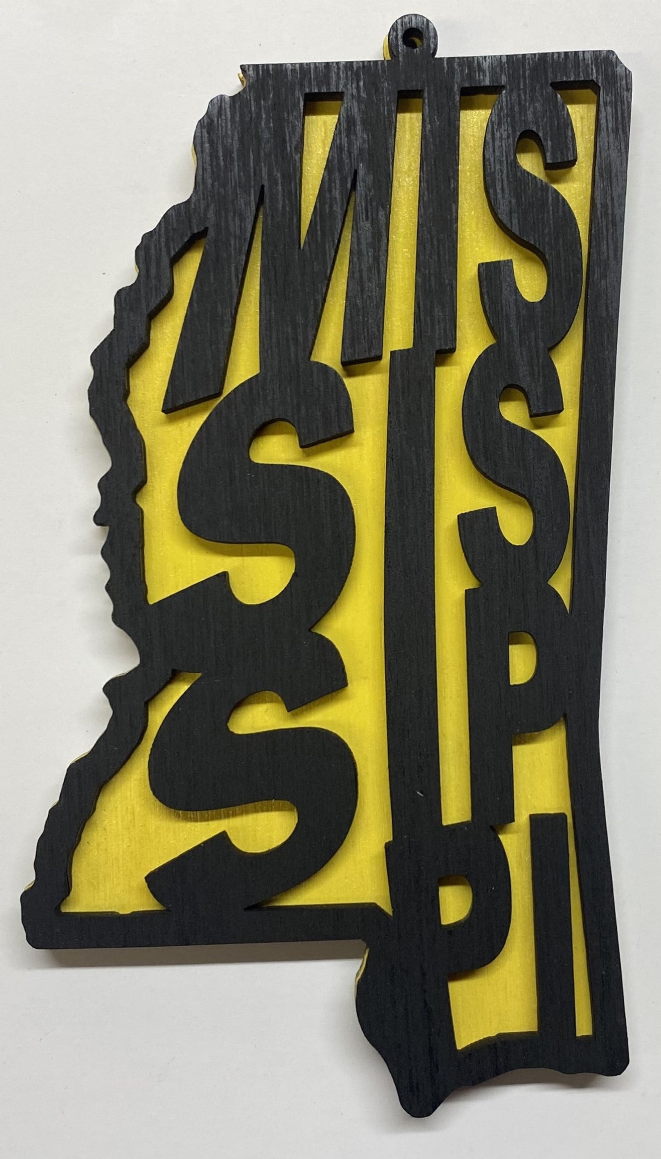 Mississippi Wood Ornament - Black over Yellow