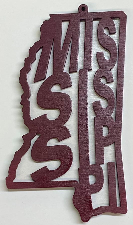 Mississippi Wood Ornament - 4" x 2.3" - Maroon over White