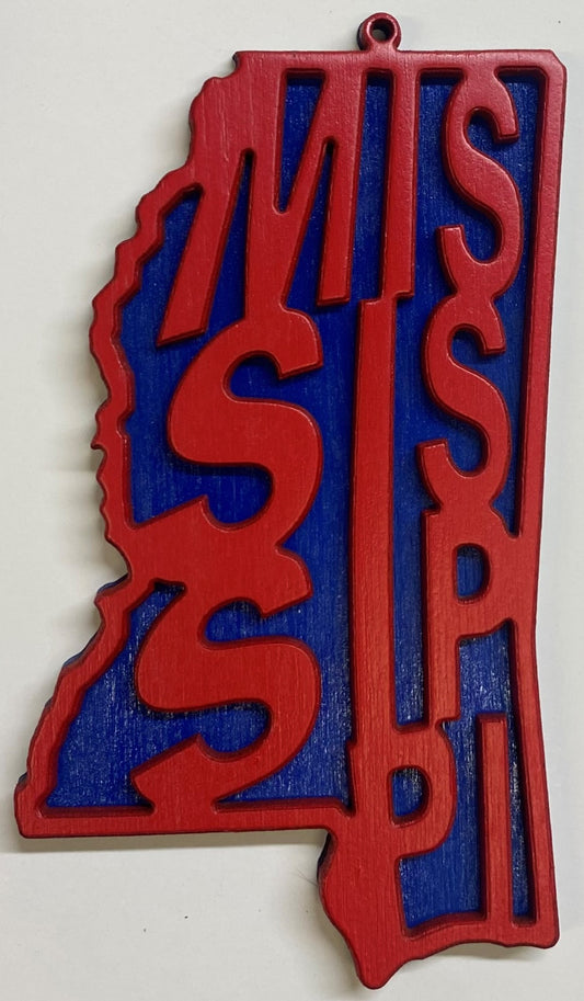 Mississippi Wood Ornament - Red over Blue