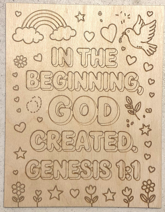 Ready to Paint Plywood 7" x 9" Coloring Boards - In THe Beginning GOD - S626