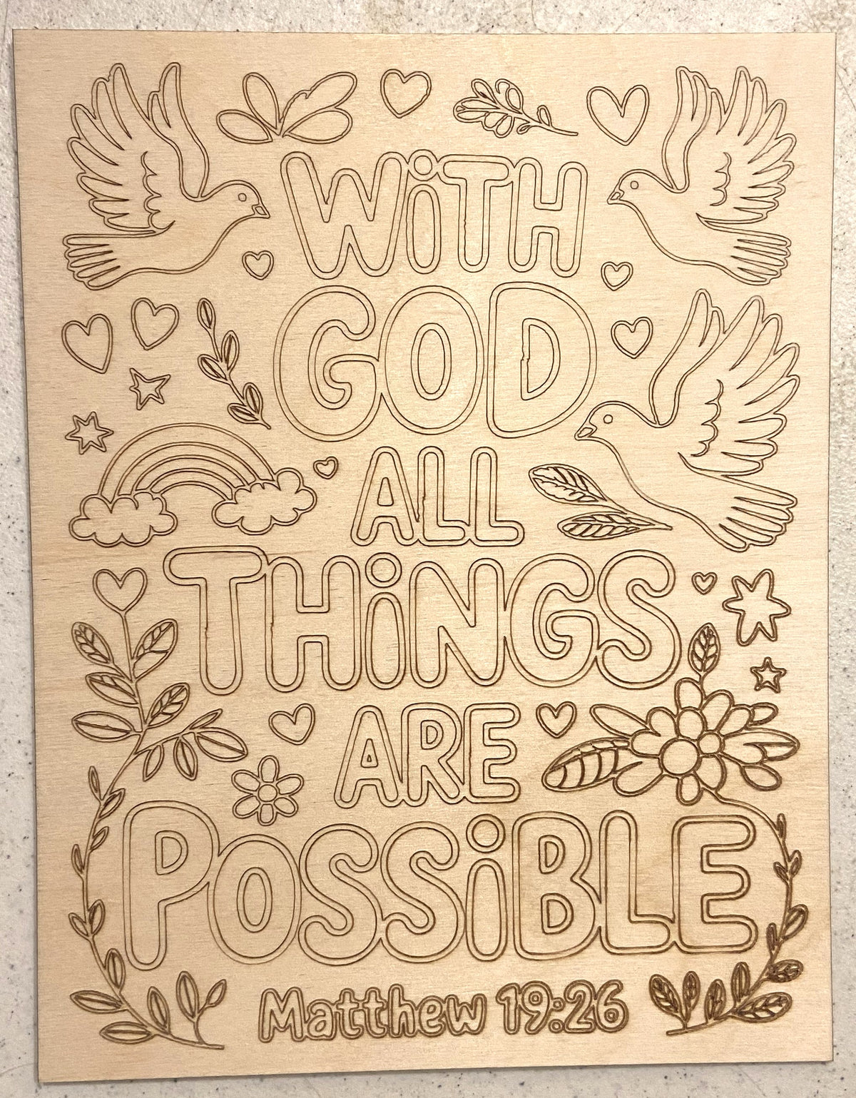Ready to Paint Plywood 7" x 9" Coloring Boards - With GOD All Things Are Possible - S628