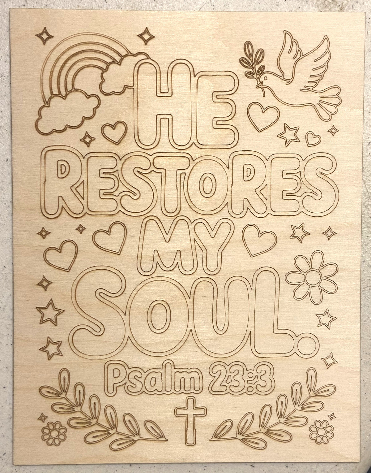 Ready to Paint Plywood 7" x 9" Coloring Boards - He Restores My Soul - S632