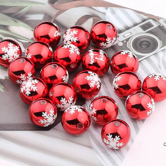 16mm Acrylic Printed Beads - Red w/Snowflake - 5/package AB022