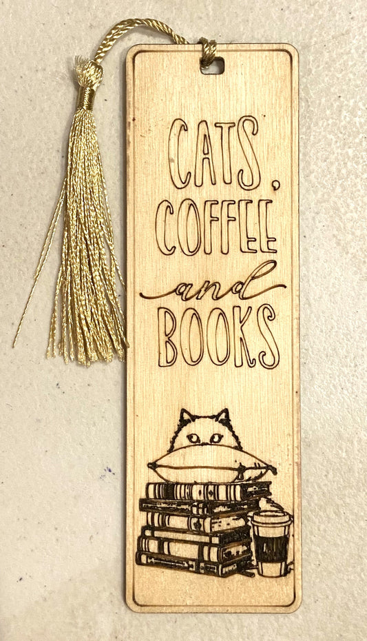 Wood Bookmark - Cats, Coffee, and Books - Gold Tassel