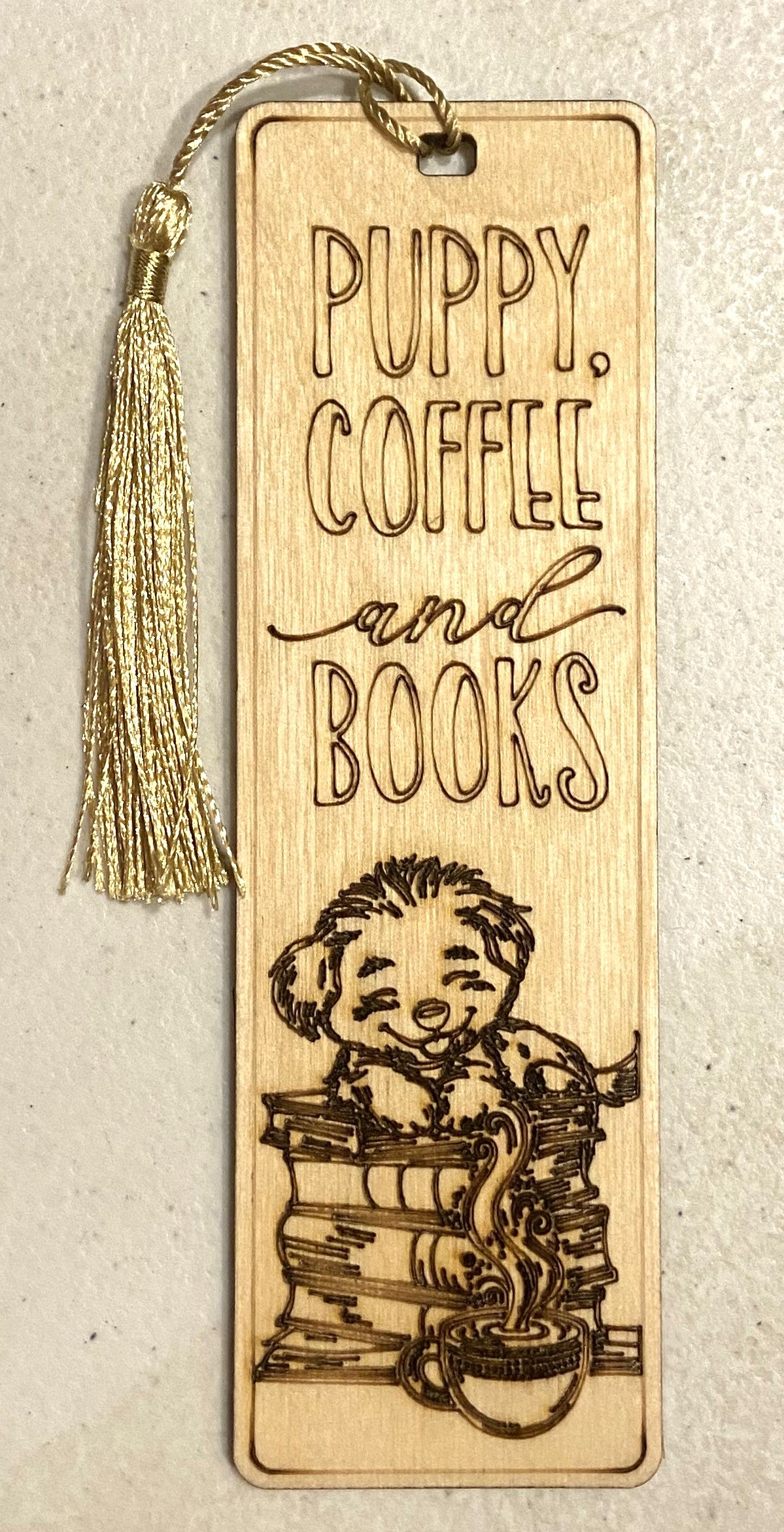 Wood Bookmark - Puppy, Coffee, and Books - Gold Tassel