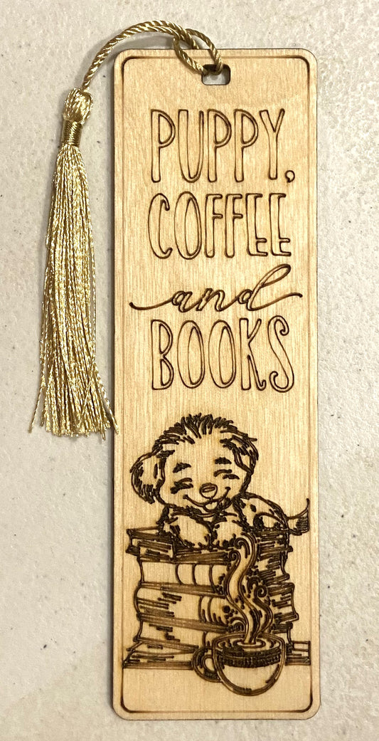 Wood Bookmark - Puppy, Coffee, and Books - Gold Tassel