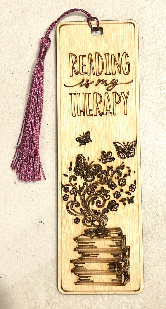 Wood Bookmark - Reading Is My Therapy - Purple Tassel