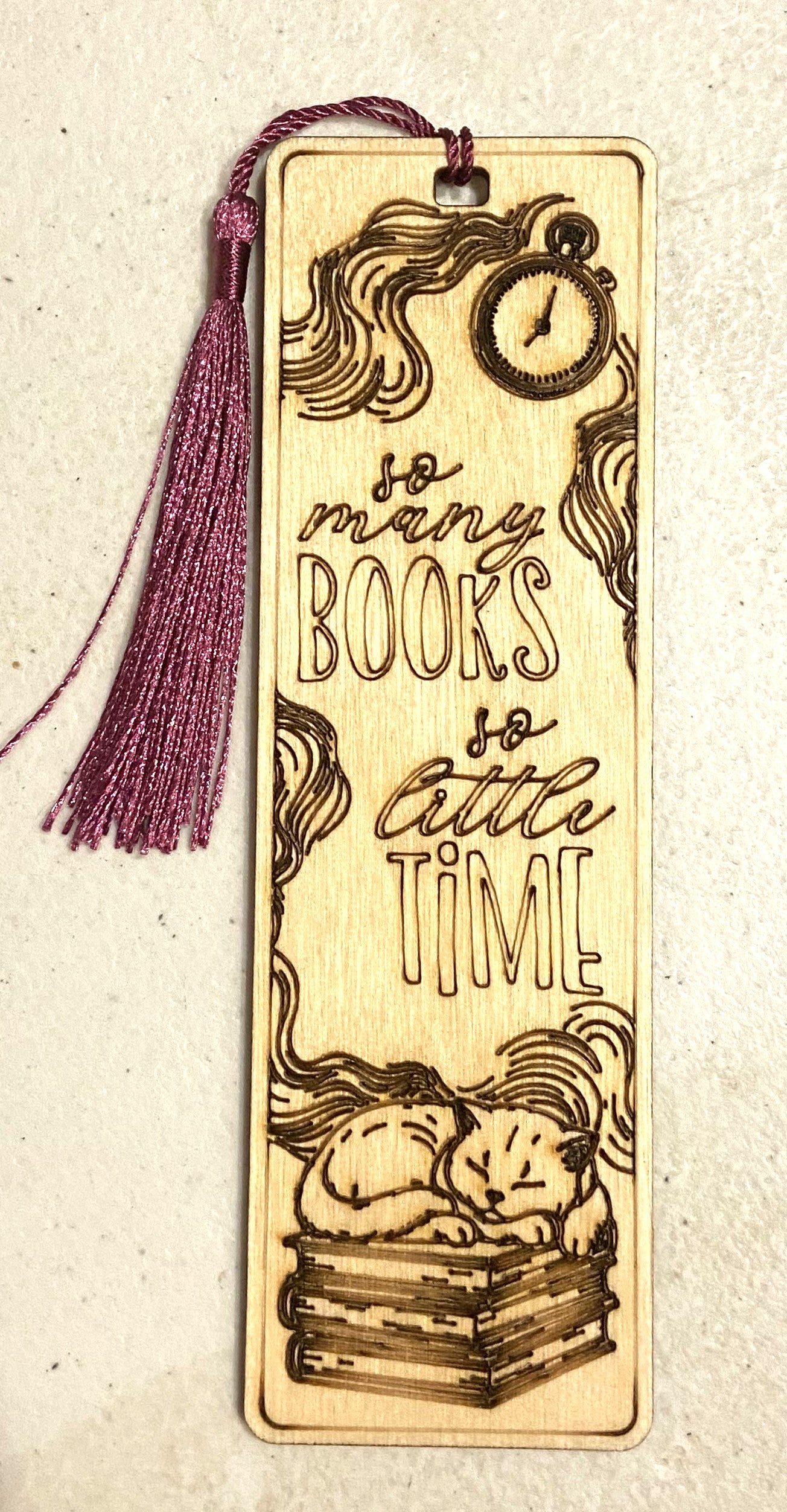 Wood Bookmark - So Many Books So Little Time - Purple Tassel