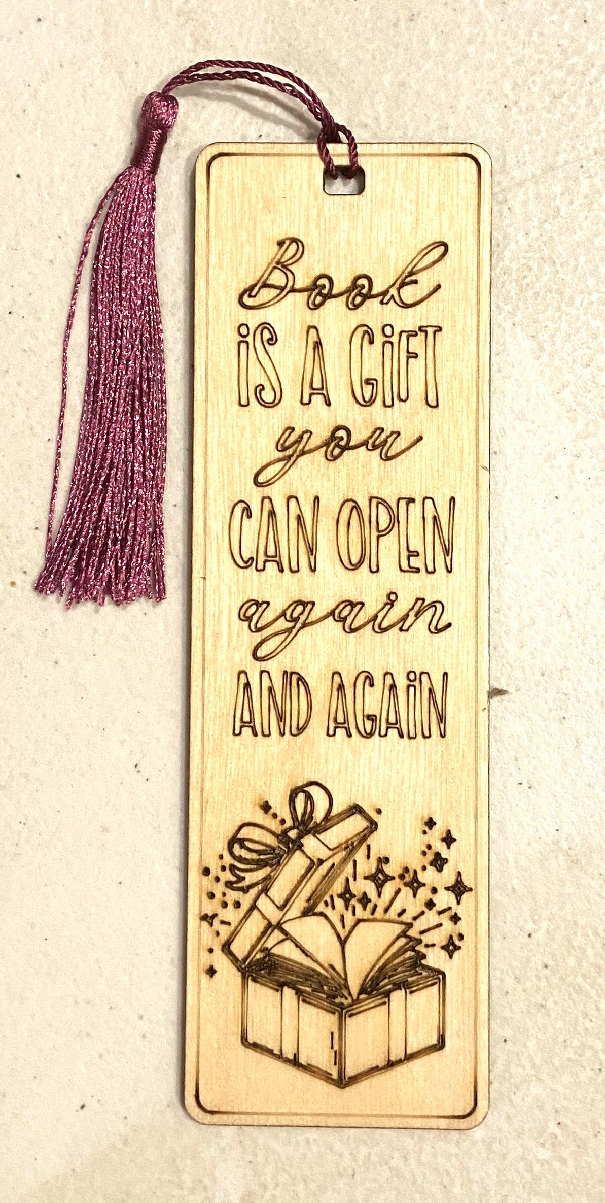 Wood Bookmark - Book is a Gift  - Purple Tassel