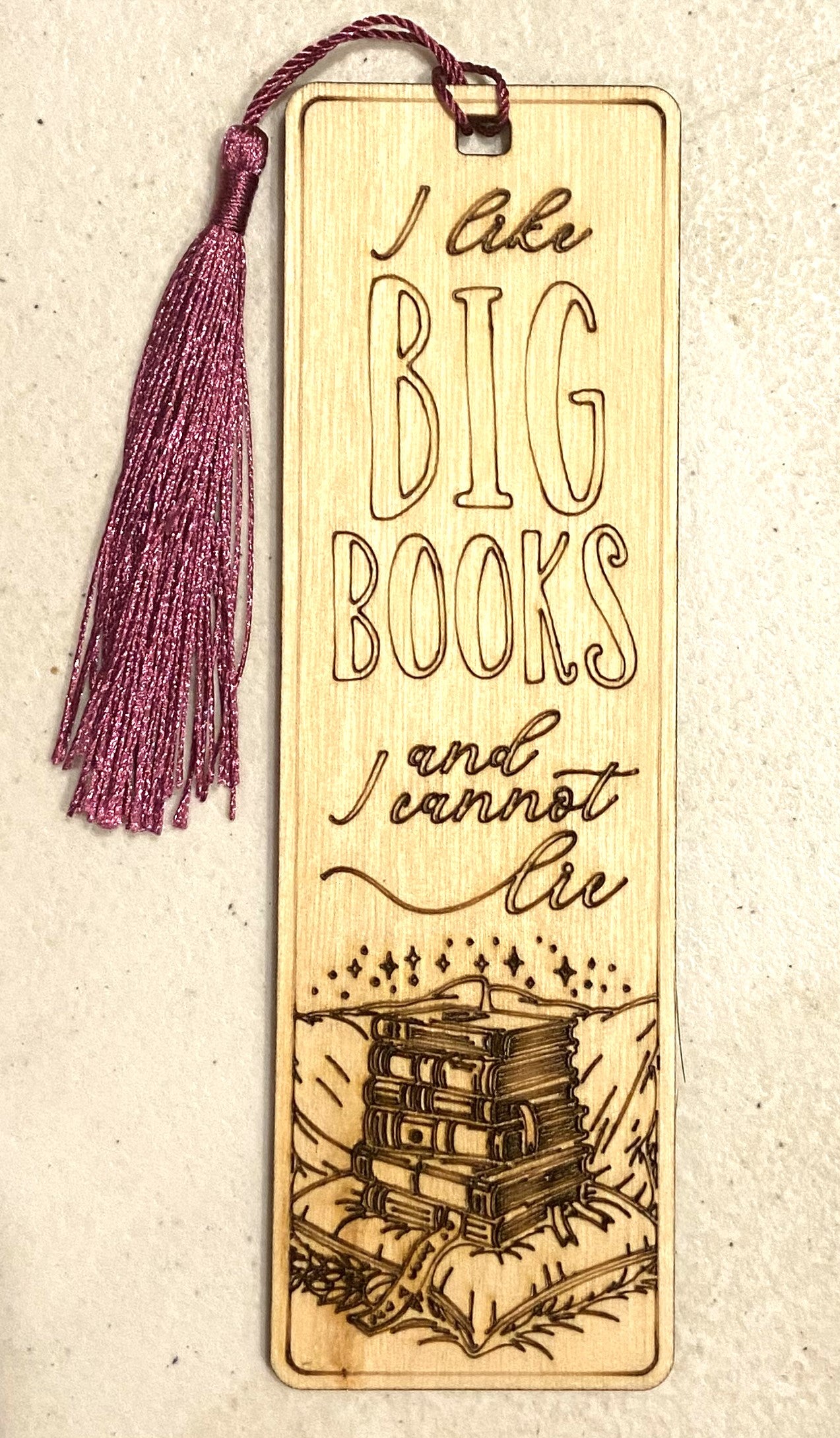 Wood Bookmark - I Like Big Books  - Purple Tassel