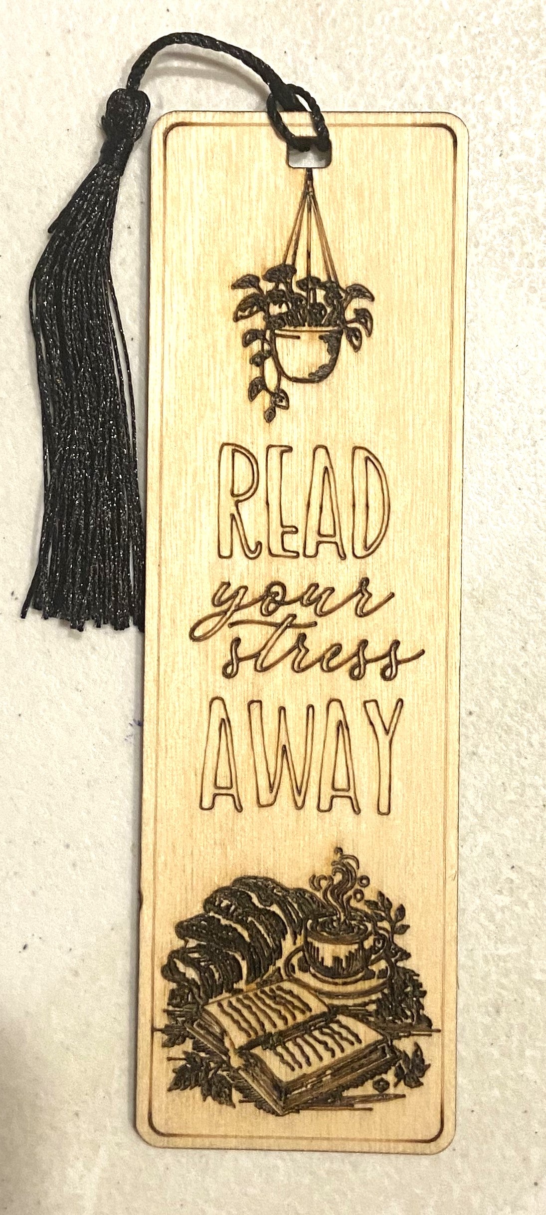 Wood Bookmark - Read Your Stress Away - Black Tassel