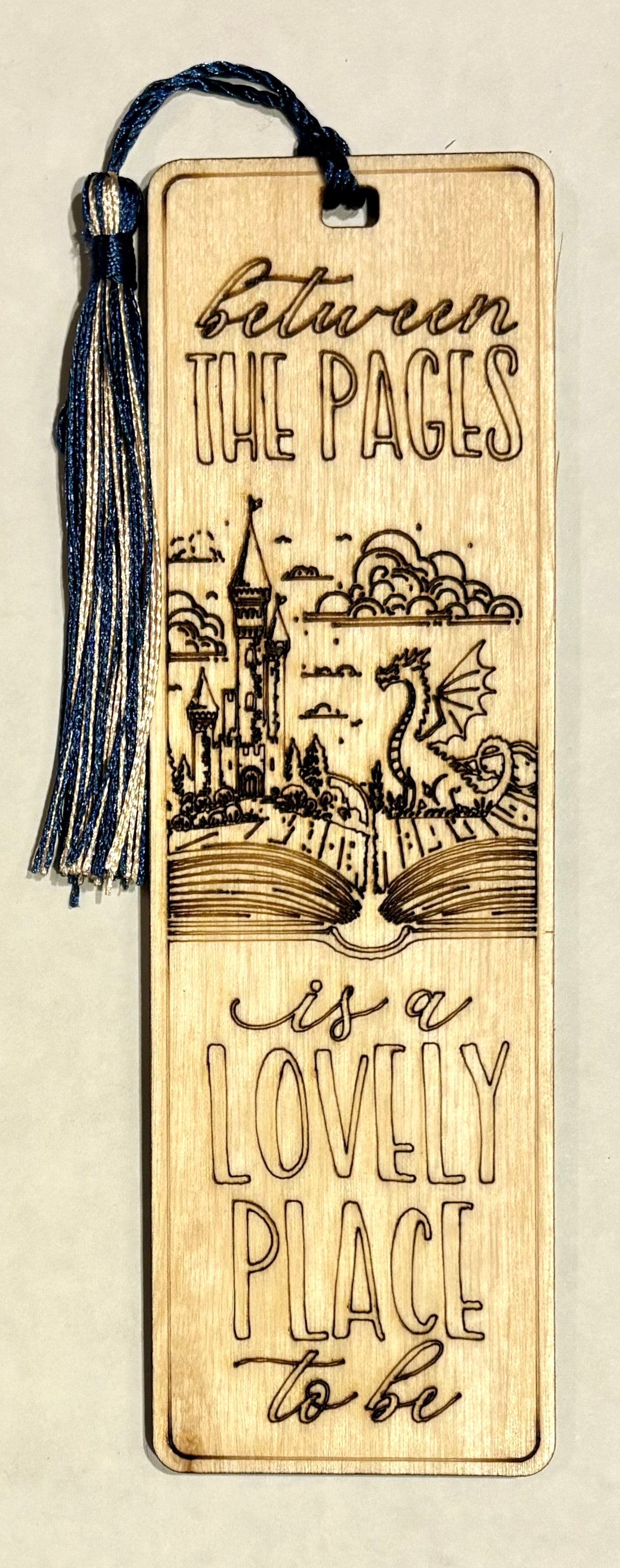 Wood Bookmark - Between The Pages - Blue/Gold Tassel