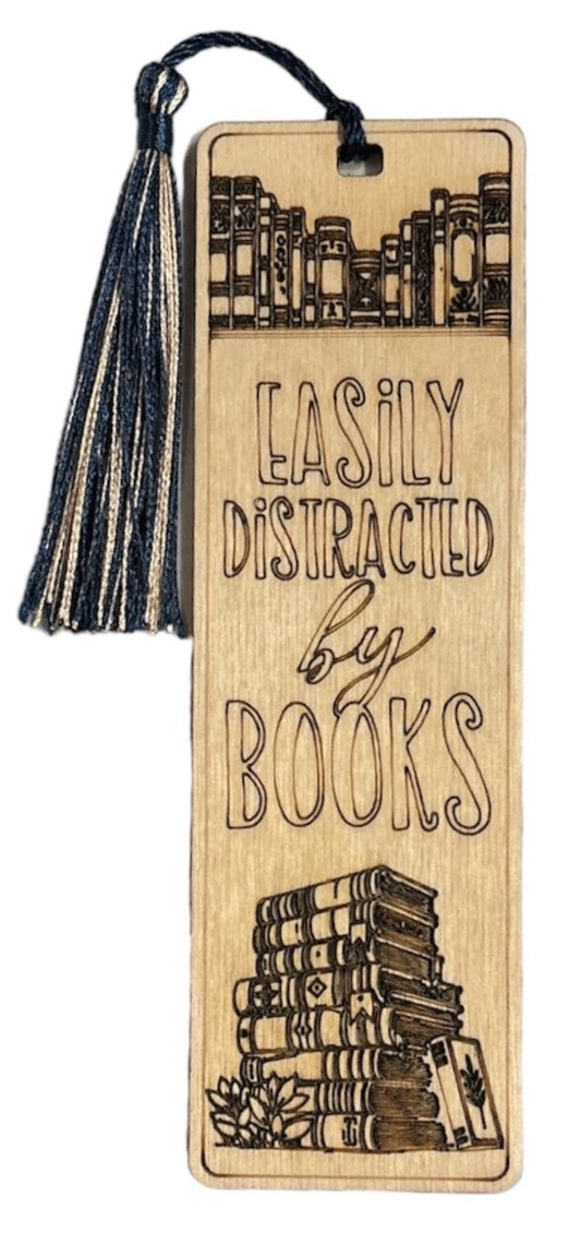 Wood Bookmark - Easily Distracted by Books - Gold Blue/Tassel