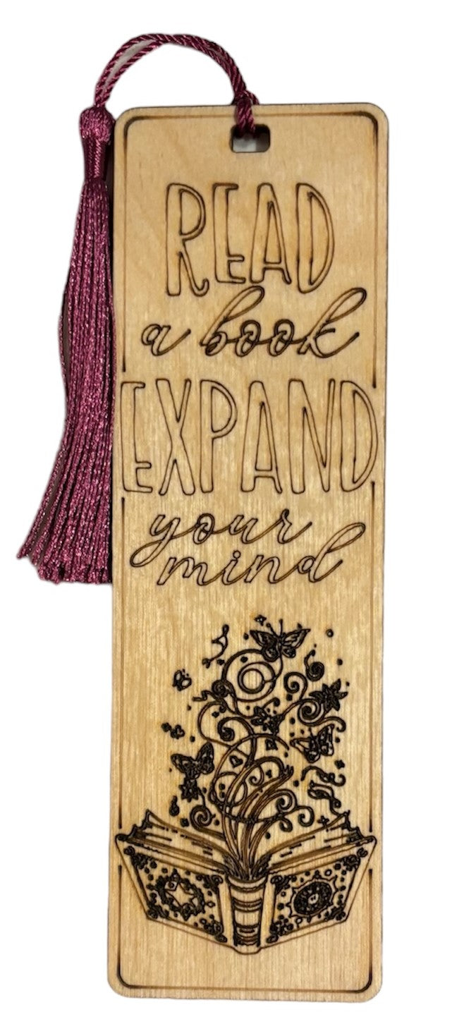 Wood Bookmark - Read A Book Expand Your Mind - Purple Tassel