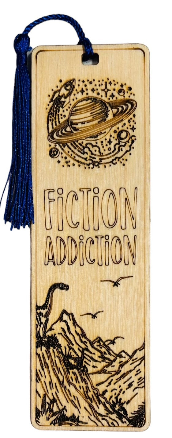 Wood Bookmark - Fiction Adiction - Blue Tassel