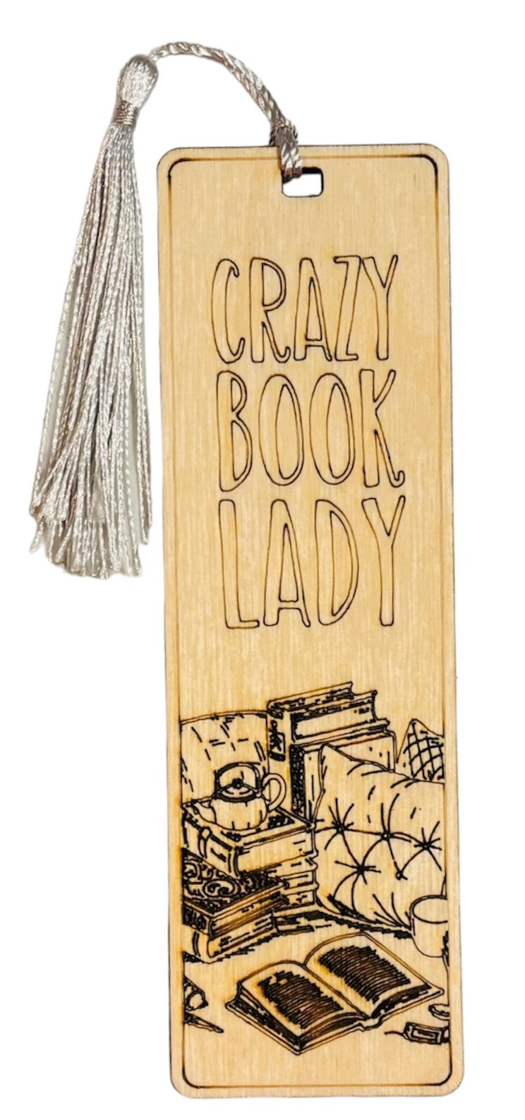 Wood Bookmark - Crazy Book Lady - Silver Tassel