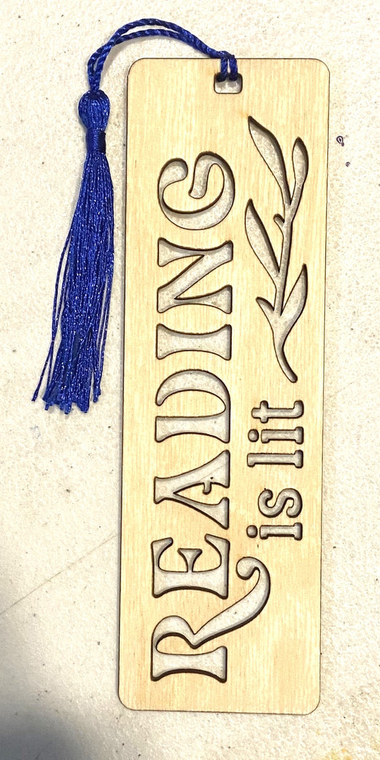 Wood Bookmark - Reading Is Lit - Blue Tassel