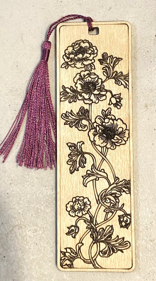 Wood Bookmark - Etched Flowers - Purple Tassel