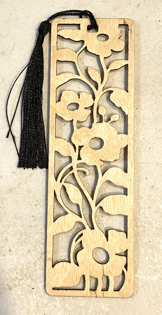 Wood Bookmark - Cut Out Flowers - Black Tassel