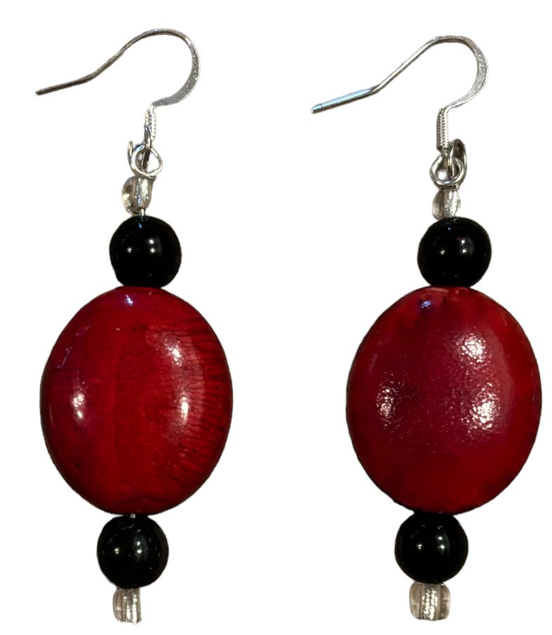 Red Marble Oval Bead Earrings