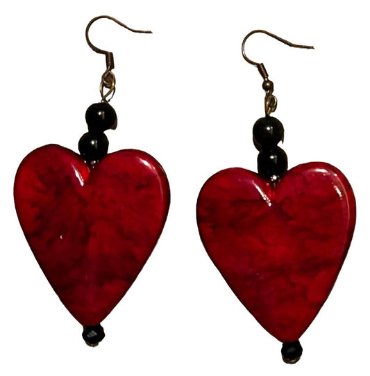 Red Marble Heart Bead Earrings