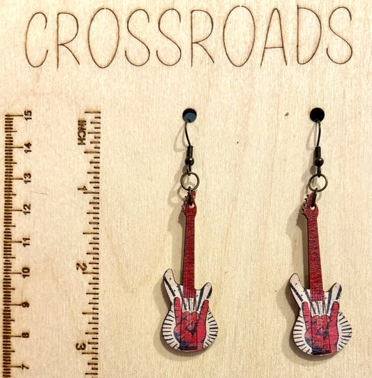 Wood Earrings Guitar - Red/White - BE102