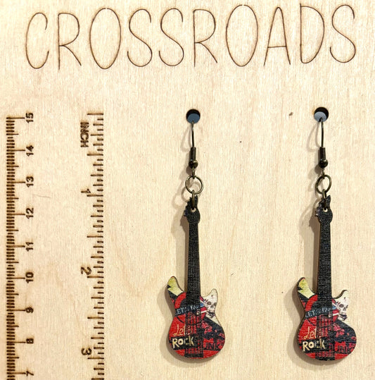 Wood Earrings Guitar - Red - BE105